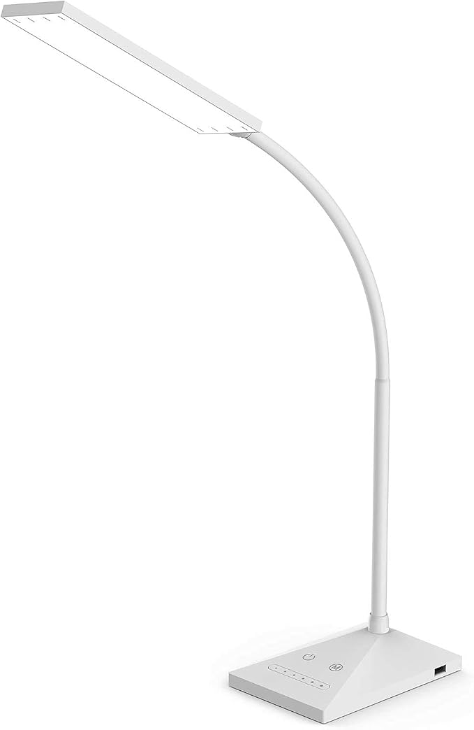 RAOYI LED Desk Lamp, 12W Dimmable Table Lamp Eye-Caring Reading Light with USB Charging Port Touch Control 5 Color Modes 7-Level Brightness Adjustable for Office Home Bedroom (White)