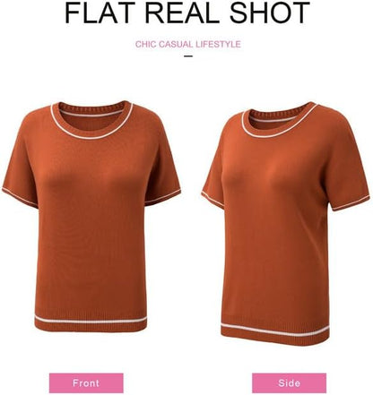 SHEWIN Womens Tops Trendy Short Sleeve Shirts Crewneck Lightweight Knit Sweater Top Business Casual Outfits