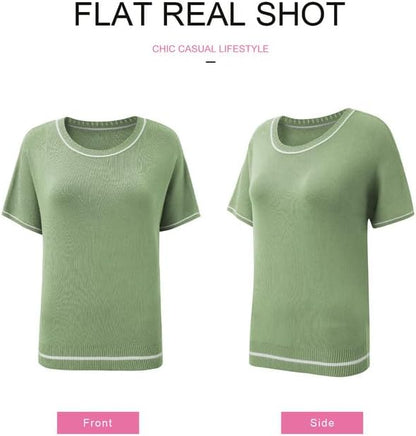 SHEWIN Womens Tops Trendy Short Sleeve Shirts Crewneck Lightweight Knit Sweater Top Business Casual Outfits