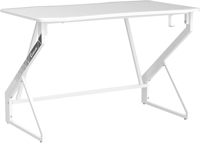 CubiCubi Simple Gaming Desk Z Shaped 40 inch Gamer Workstation, Home Computer Carbon Fiber Surface Gaming Desk PC Table with Headphone Hook, White