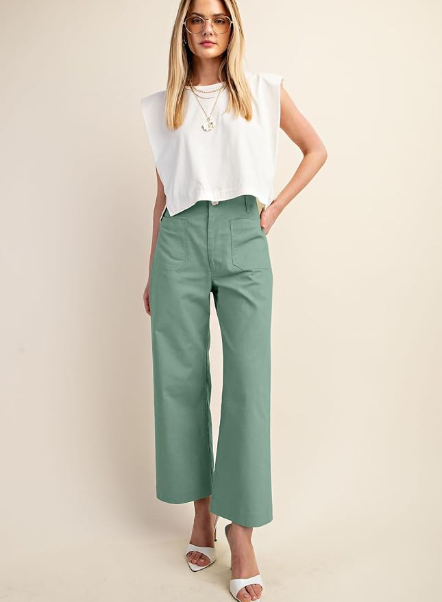 miduo Womens High Waisted Cropped Wide Leg Stretchy Straight Pants Trousers with Pockets