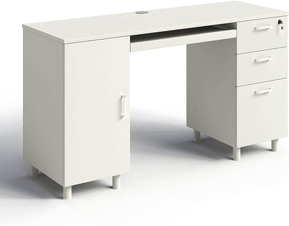 Modern Design By Crafts & comfort Venice Computer Desk - Office Desk with 3 Drawers & CPU Storage Cabinet - Laptop Workstation with Keyboard Tray & Cable Hole - Home & Office Supplies -White