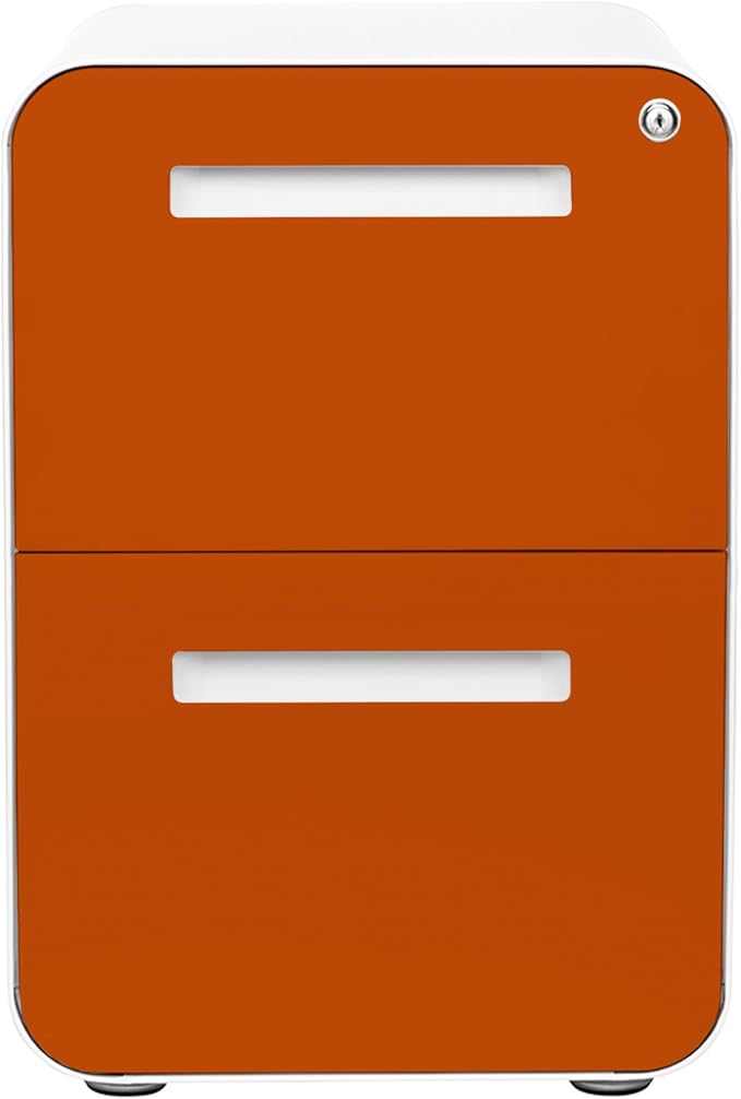 Laura Davidson Furniture Stockpile 2 Drawer Mobile File Cabinet with Lock - Under Desk Metal Filing Cabinet, Legal/Letter File Folders, Wheels and Stationary Feet, Pre-Assembled, White/Orange