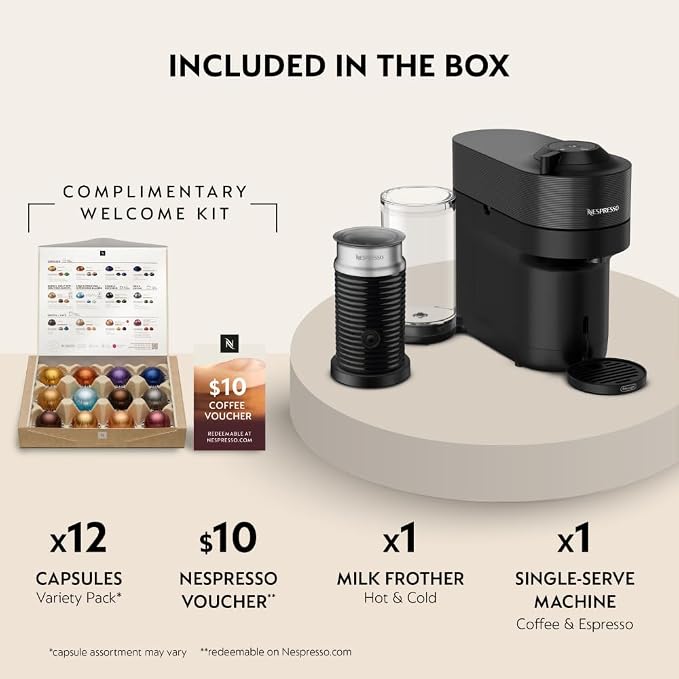 Nespresso Vertuo Pop+ Coffee Machine with Milk Frother, Liquorice Black | Coffee and espresso maker by De'Longhi with compact design. Aeroccino3 frother bundle for hot or cold foam drinks at home.