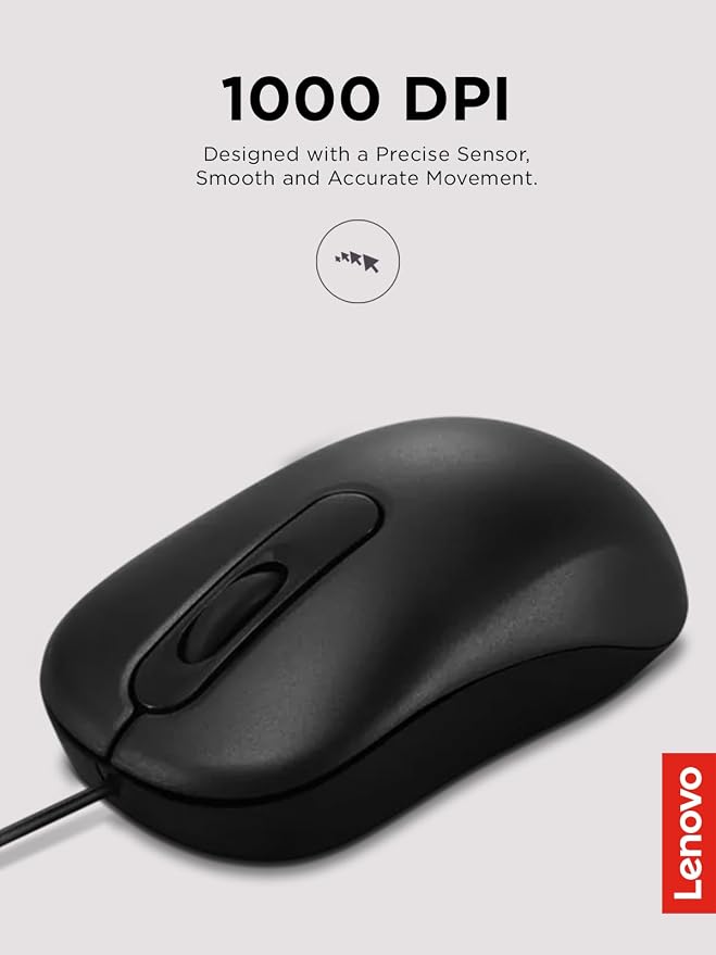 Lenovo 100 Wired USB Computer Mouse for PC, Laptop, Computer with Windows - Full-Size - Ambidextrous Design - 3 Buttons - Red Optical Sensor – Black