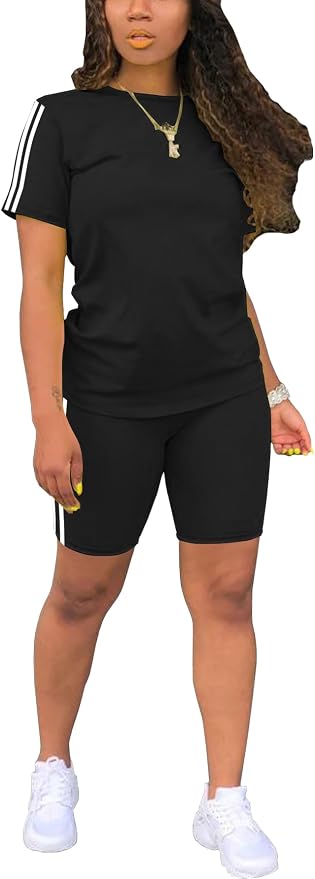 STOLKISS Women 2 piece Short Sets Classic Striped Outfits Summer Casual Short Sleeve T-Shirt and Short Jogger Tracksuits Sets