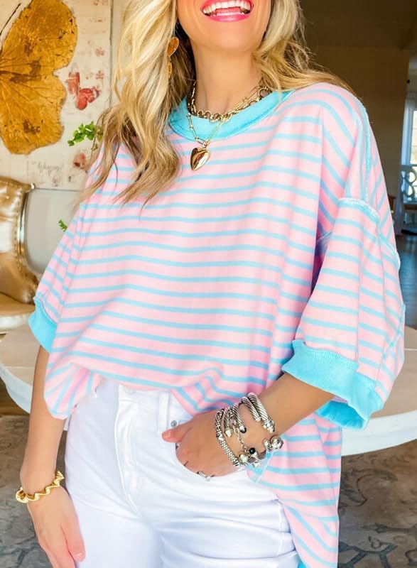 SHEWIN Womens Tops Casual Short Sleeve Sweatshirt Crewneck Striped Shirt Pullover T Shirts Loose Blouses