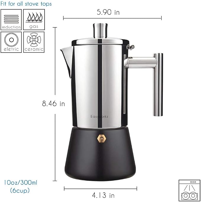 Easyworkz Diego Stovetop Espresso Maker Stainless Steel Italian Coffee Machine Maker 6Cup 10 oz Moka Pot Induction Espresso Pot