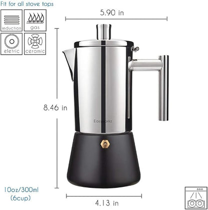 Easyworkz Diego Stovetop Espresso Maker Stainless Steel Italian Coffee Machine Maker 6Cup 10 oz Moka Pot Induction Espresso Pot