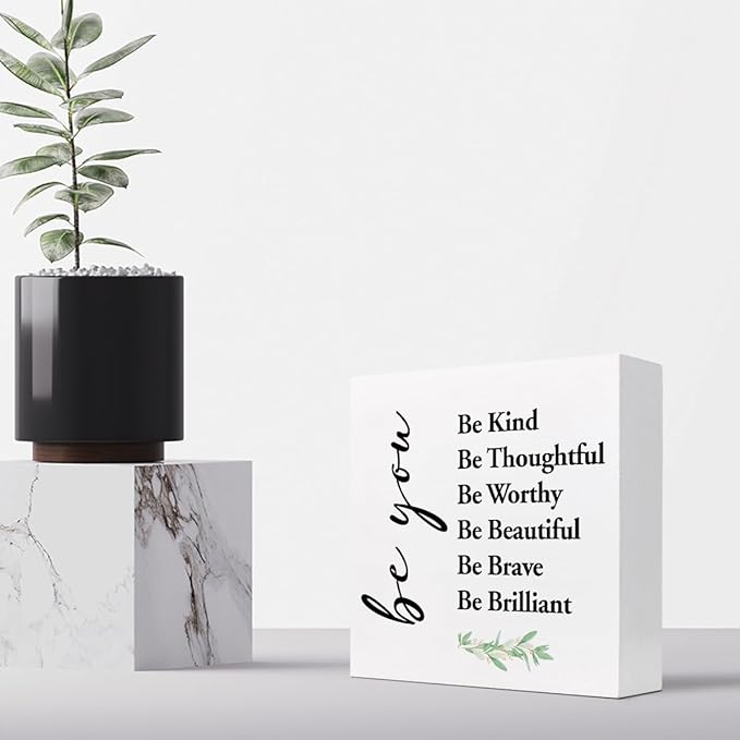 Be You Be Kind Be Thoughtful Wood Block Sign Desk Decor,Rustic Motivational Wooden Box Plaque Sign Desk Decor for Home Girls Bedroom Office Dorm Shelf Table Decor Decorations