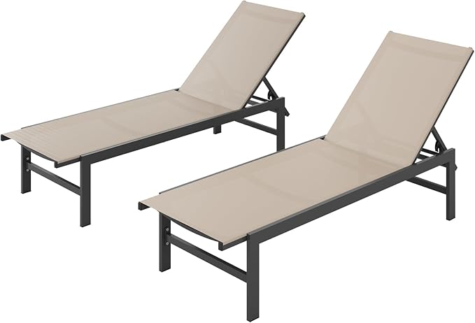 Outdoor Lounge Chairs Set of 2, Aluminum Patio Chaise Lounge Chairs with 5-Position Recliner, Pool Lounge Chairs for Backyard, Poolside, Deck, Lawn (Khaki)