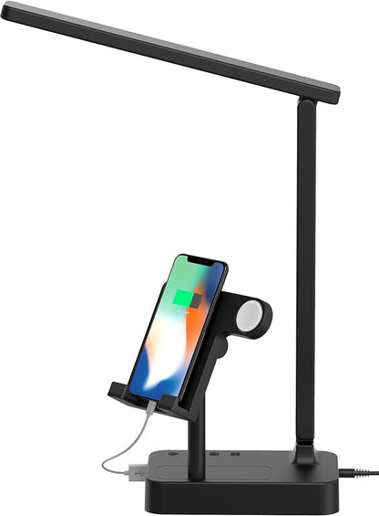 Drevet 3 in 1 LED Desk Table Lamp with Cell Phone Holder and Apple Watch Charger Stand, Eye-Caring Foldable Desk Light with USB Charging Port, 3 Level Brightness, Memory Function, Touch Control, Black