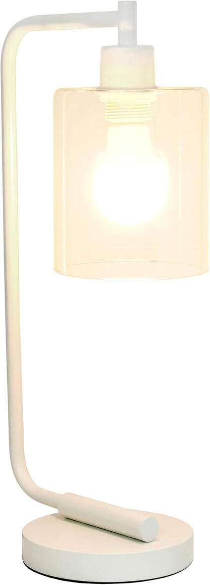 Simple Designs LD1036-WHT-LB 18.8" Industrial Bronson Antique Style Iron Lantern Desk Table Lamp with Glass Shade for Home Décor, Office, Living Room, Bedroom, White, with Feit LED Bulb Included