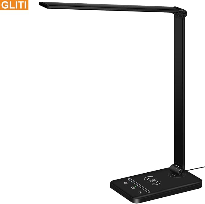 LED Desk Lamp with Wireless charging，Dimmable Desk Light, 5 Light Colors, 6 Brightness Levels, Touch Control Table Lamp with USB Rechargeable, Auto Timer, for College Dorm, Home, Office