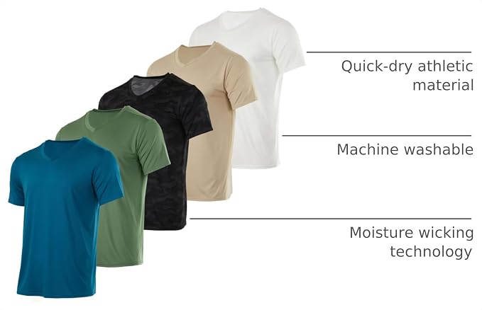 5 Pack Men's Dry Fit V Neck Gym Workout T Shirts Athletic Moisture Wicking | Cooling, Quick Dry, Breathable, Short Sleeve, Exercise, Cycling, Sports, Outdoor, Fitness, Golf, Crossfit, Hiking, Tennis