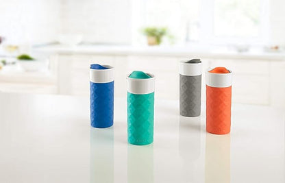 Ello Ogden 16oz Ceramic Travel Mug with Slider Lid and Sleeve, Teal | Splash-resistant ceramic travel mug with slider lid and protective silicone sleeve. BPA-free, great for coffee and tea.