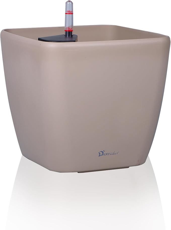Dexceder 9x8 Self Watering Planter Indoor Outdoor, Inner Mat Design, Thickened Table Flower Plant Pot with Water Level Indicator (Taupe Matte)