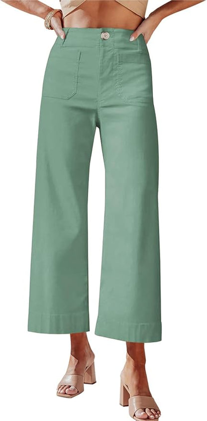 miduo Womens High Waisted Cropped Wide Leg Stretchy Straight Pants Trousers with Pockets