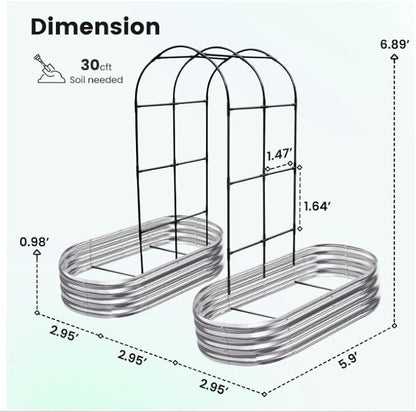 KING BIRD Raised Garden Bed with Arched Trellis Galvanized Planter Garden Box Outdoor for Gardening, Climbing Vegetables, Flowers 5.9x2.95x0.98 Ft 2PCS, Silver