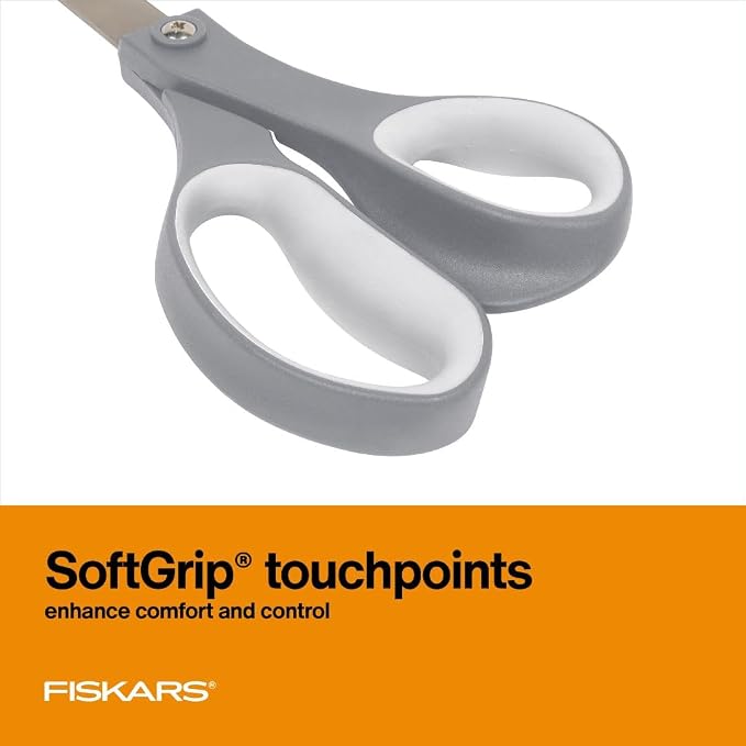 Fiskars 8" SoftGrip Everyday All Purpose Scissors, Office & Crafts, Grey | For Paper, Cardboard & Photos, Precision Stainless Steel Blades, Ergonomic SoftGrip Handles for Comfort & Control