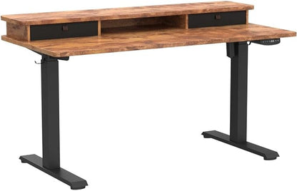 FEZIBO 55 x 24 Inch Height Adjustable Electric Standing Desk with Double Drawer, Stand Up Desk with Storage Shelf, Sit Stand Desk, Rustic Brown
