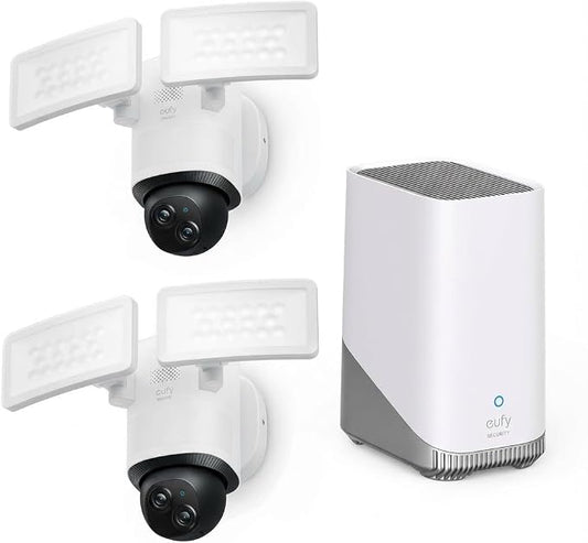 eufy Security Floodlight Wired Camera E340 2pack+Homebase3, Security Camera Outdoor, 355° Pan & Tilt, 24/7 Recording, 2000 LM, Motion Detection, Dual Cam, No Monthly Fee,Expandable Storage up to 16TB