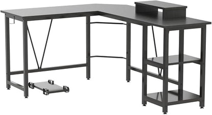 Computer desk, L-shaped Corner Desk with 2-Layer Storage,Large PC Laptop Table with Monitor Stand and CPU Stand,Gaming Desk Writing Table for Office Home (Black Carbon Fiber)