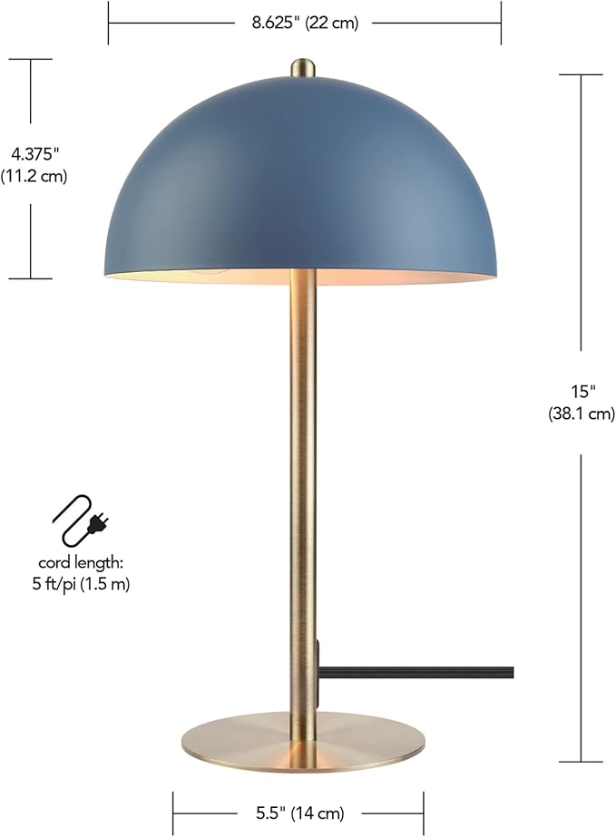Globe Electric 52942 15" Desk Lamp, Matte Blue, Matte Brass Accents, in-Line On/Off Rocker Switch, for Bedroom, Office Decor, Home Essentials, Room Lighting, Reading Light