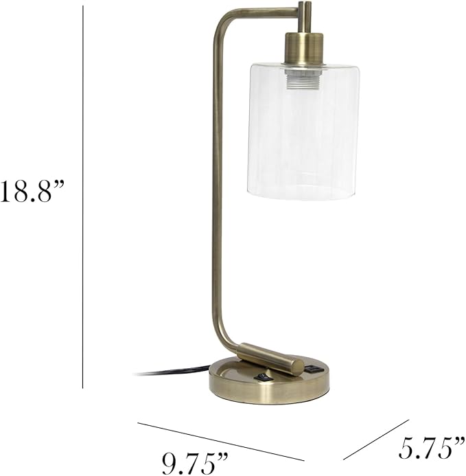 Simple Designs LD1066-ABS Bronson Antique Style Industrial Iron Lantern Desk Lamp with 2 Dual USB Ports and Glass Shade, Antique Brass