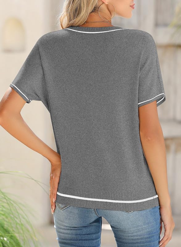SHEWIN Womens Tops Trendy Short Sleeve Shirts Crewneck Lightweight Knit Sweater Top Business Casual Outfits