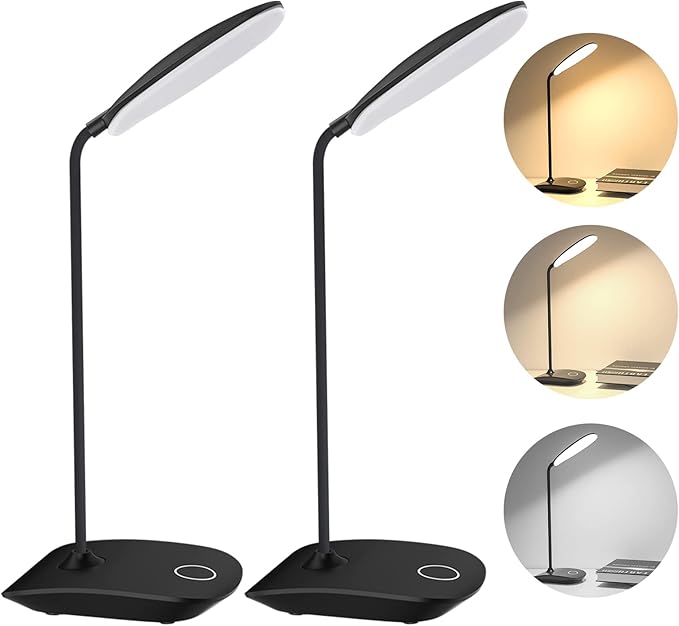 DEEPLITE Battery Operated Desk Lamp, LED Desk Light 3 Lighting Stepless Dimming, Table Lamp 5W Touch Control Eye Caring, Flexible Gooseneck, Portable Reading Light for Dorm Study Bedroom (Set of 2)