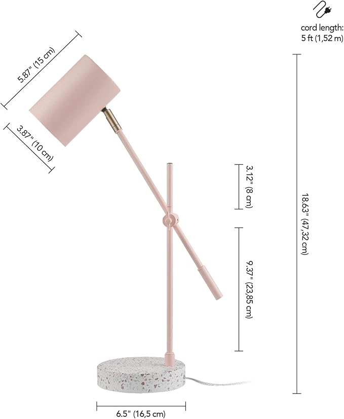 Globe Electric 30292 18" Desk/Table Lamp, Matte Pink, Matte Brass Accent, Terrazzo Base, Adjustable Height, Balance Arm, in-Line Rocker On/Off Switch, Adjustable Lamp, Home Office Accessories