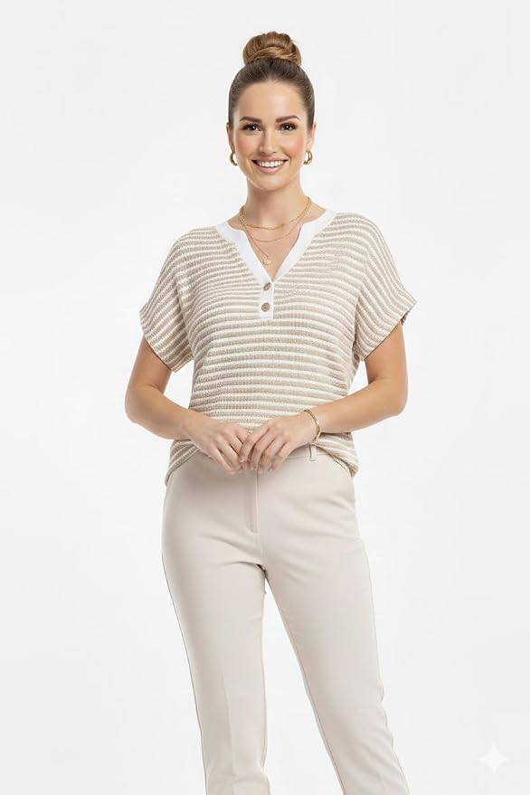Womens Henley Summer Tops V Neck Button Dressy Casual T Shirts Blouses | Breathable, V-Neck Button, Striped, Loose Fit, Business Casual, Office, Vacation, Spring Summer Tops, Basic Shirts