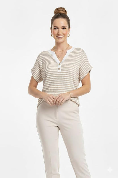 Womens Henley Summer Tops V Neck Button Dressy Casual T Shirts Blouses | Breathable, V-Neck Button, Striped, Loose Fit, Business Casual, Office, Vacation, Spring Summer Tops, Basic Shirts