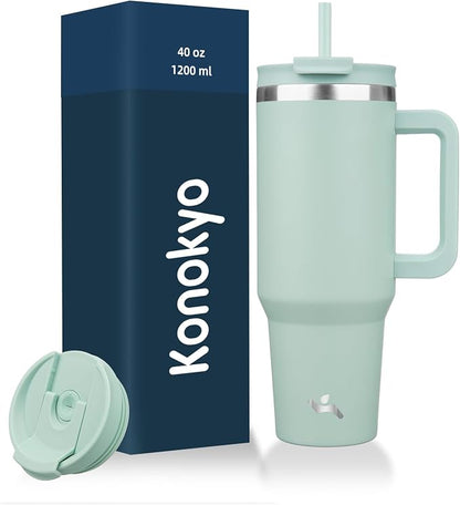 Konokyo 40 oz Insulated Tumbler Water Bottle with Handle, Straw Lid | BPA-free and dishwasher safe; made for gym, travel, coffee and gifting, 2 straws, cup holder friendly,Retro Green
