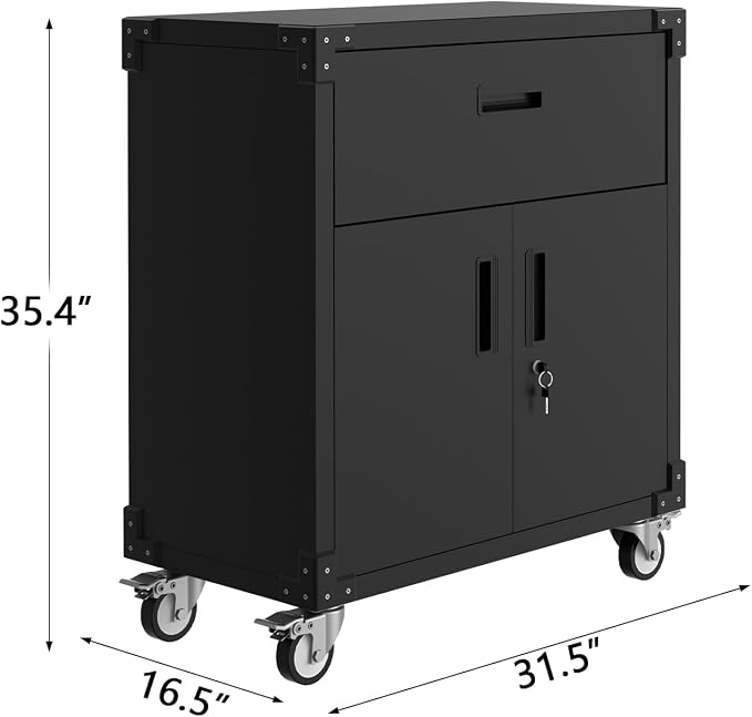 GarveeHome Rolling Tool Cabinet with Drawer | Heavy Duty Metal Garage Storage with Adjustable Shelf & Locks | Rust Resistant Wheels for Warehouse Workshop, Black