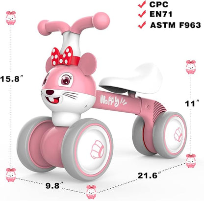 YGJT Baby Balance Bike for 1 + Year Old Boy and Girl, Indoor Outdoor Non-Pedal Baby Walker Toys for 10-36 Months Toddlers, Silent Wheels, 1st Birthday Gift, Kids First Bike Pink Mouse