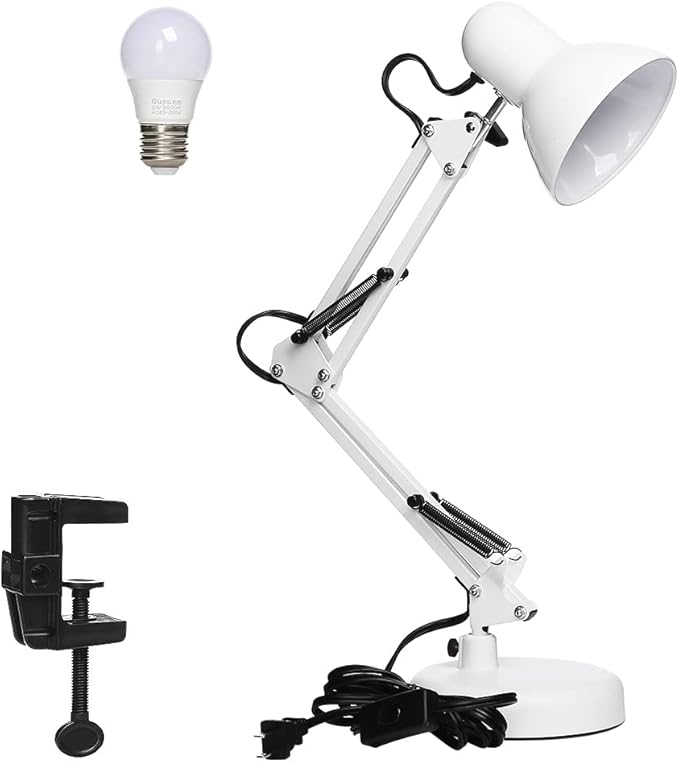 Led Desk Lamp with Clamp - Swing Arm Desk Lamp with 1 LED Cold Light Bulbs 6500K - Folding Table Lamp，Used for Office, Work, Study, Dormitory Reading and Eye Protection (White-01)
