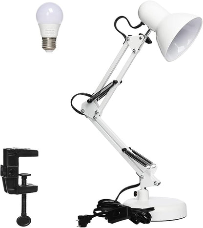 Led Desk Lamp with Clamp - Swing Arm Desk Lamp with 1 LED Cold Light Bulbs 6500K - Folding Table Lamp，Used for Office, Work, Study, Dormitory Reading and Eye Protection (White-01)