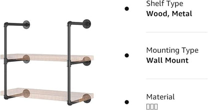 Yuanshikj 2Pc (28" Tall,12" deep,3/4") Industrial Wall Mount Iron Pipe Shelf Shelves Shelving Bracket Black DIY Bookshelf Storage Office Room Kitchen (2 Pcs 3Tier Hardware Only)