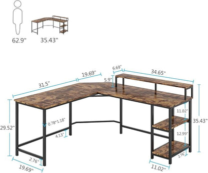 L-Shaped Computer Desk with Monitor Stand and Storage Shelves, Large Corner Desks for Home Office
