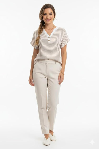 Womens Henley Summer Tops V Neck Button Dressy Casual T Shirts Blouses | Breathable, V-Neck Button, Striped, Loose Fit, Business Casual, Office, Vacation, Spring Summer Tops, Basic Shirts
