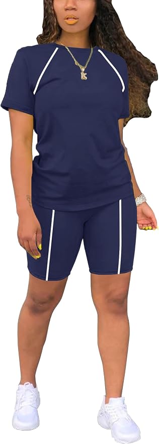 STOLKISS Women 2 piece Short Sets Classic Striped Outfits Summer Casual Short Sleeve T-Shirt and Short Jogger Tracksuits Sets