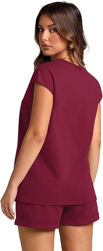 WIHOLL 2 Piece Sets for Women Casual Summer Travel Vacation Outfits Cap Sleeve Shorts Lounge Set