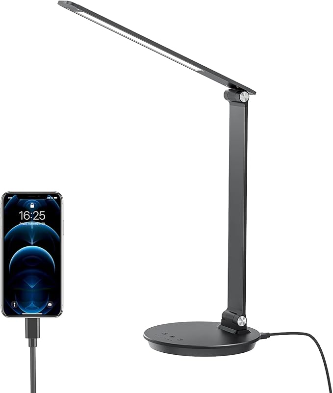 LED Desk Lamp with USB Charging Port, Touch Control Dimmable Office Lamp, 5 Color Modes 6 Brightness Levels Eye-Caring Table Lamp for Home Office Bedroom Reading Study, Black