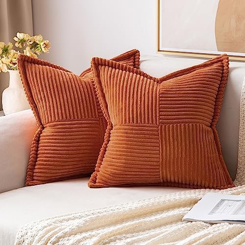 MIULEE Fall Rust Decorative Euro Sham Throw Pillow Covers for Couch Bed Livingroom 22x22 Inch Set of 2 Boho Accent Throw Pllows Broadside Striped Patchwork Soft Corduroy Pillowcases, Terracotta