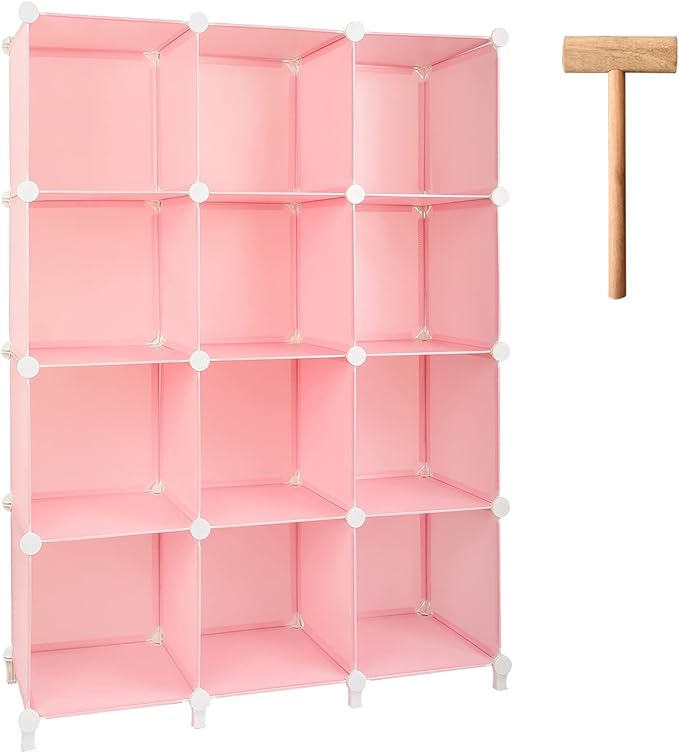Gold Armour Cube Storage 12-Cube Bookshelf Closet Organizer Storage Shelves Cubes Organizer Plastic Square Book Shelf Bookcase DIY Closet Cabinet Organizer Shelving for Home Office Bedroom (Pink)