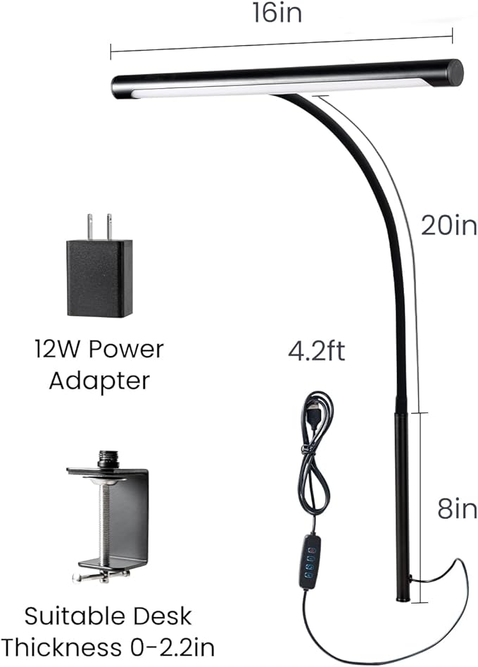 LED Desk Lamp for Home Office, Eye-Caring LED Desk Light Bar with Gooseneck, 12W Dimmable Overhead Light for Desk, Architect Clamp Lamp for Reading Study Workbench