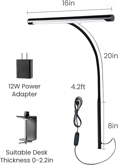 LED Desk Lamp for Home Office, Eye-Caring LED Desk Light Bar with Gooseneck, 12W Dimmable Overhead Light for Desk, Architect Clamp Lamp for Reading Study Workbench