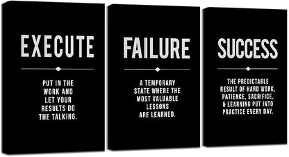 Framed Canvas Wall Art Success Quote, Office Wall Art, Black Large Poster, Positive Motivational Set of 3 Prints, Execute Failure Definition, Inspirational Print (A-3pcs,20x30inchx3pcs)